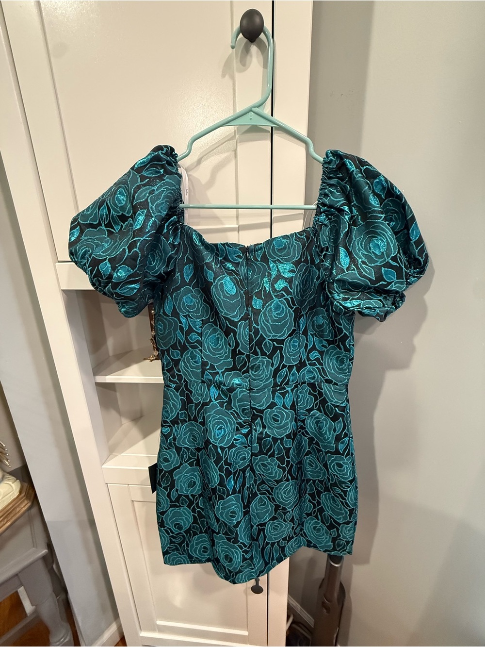 Lulu's Teal Rose Jacquard Puff-Sleeve Dress